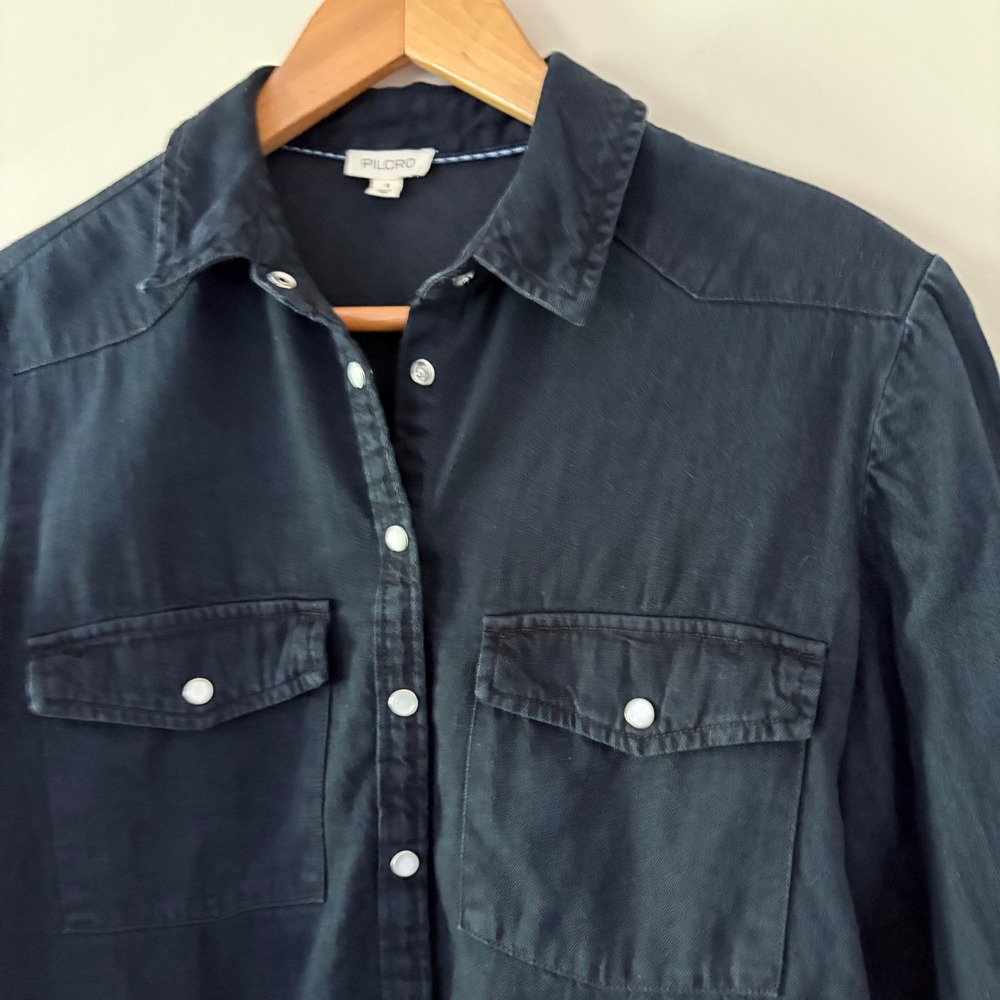 Pilcro Western Shirt Small Black Pearl Snap Button Down Boho Cowgirl Denim - Picture 2 of 10